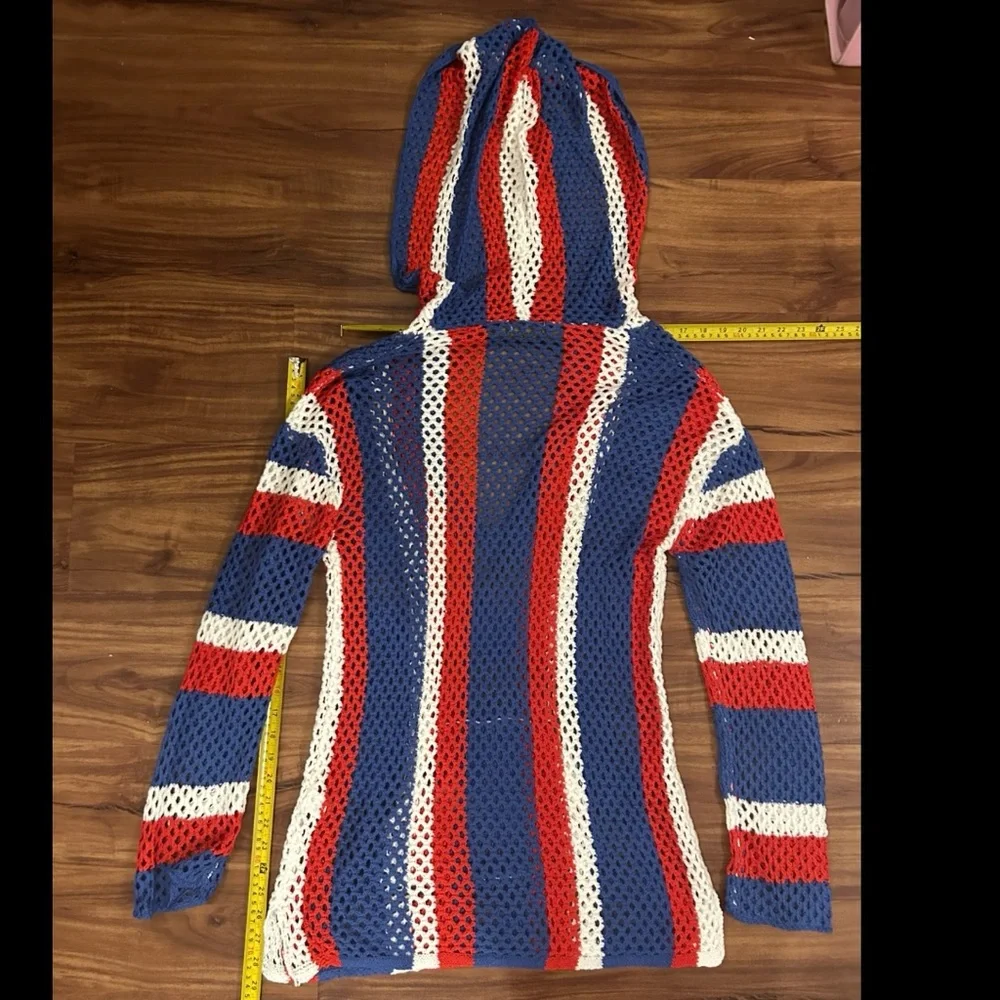 Venus Red White Blue USA Striped Crochet Hoodie Knit Swim Cover-Up Dress - Picture 6 of 9